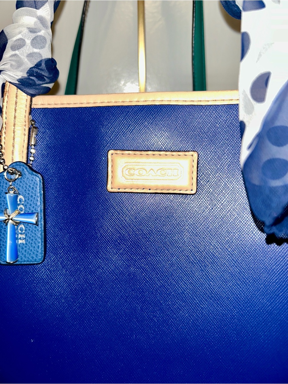 Coach Park Navy Saffiano Leather Tote with Polka Dot Scarf-wrapped Handles - Picture 3 of 14
